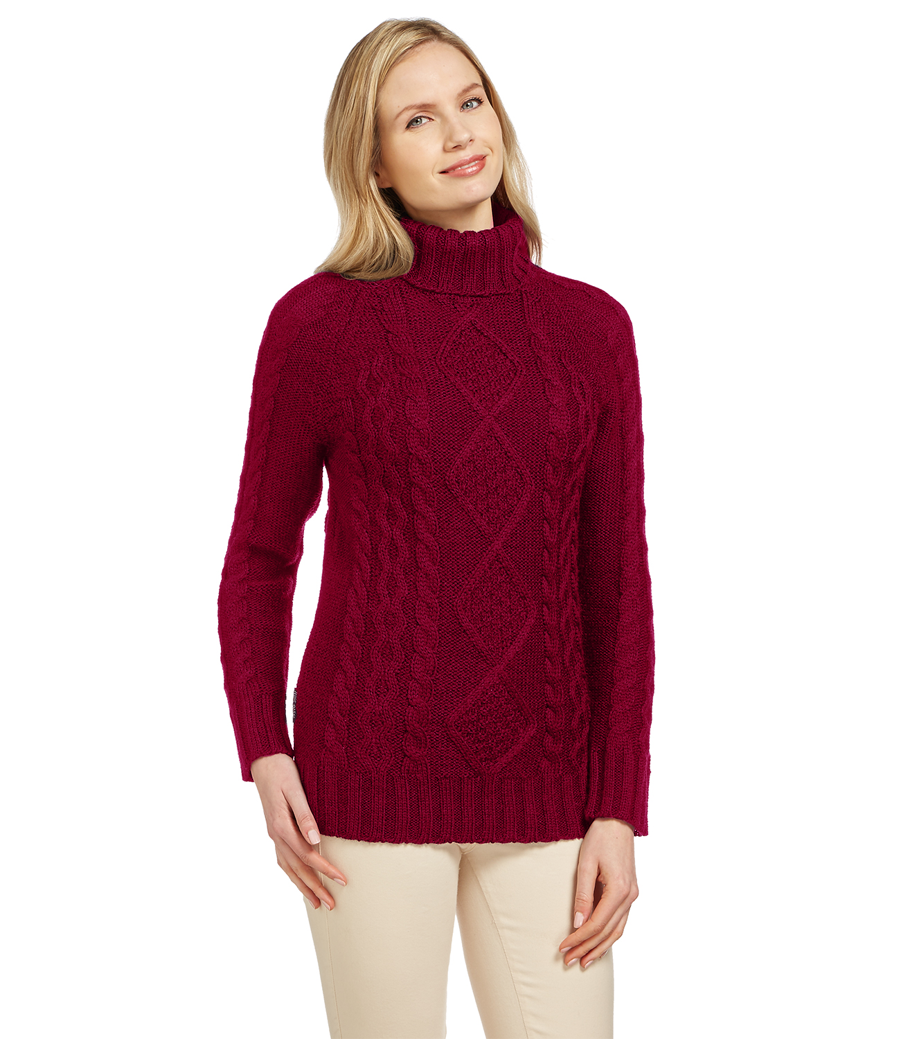 WoolOvers Womens Pure Wool Aran Cable Polo Neck Long Sleeve Sweater